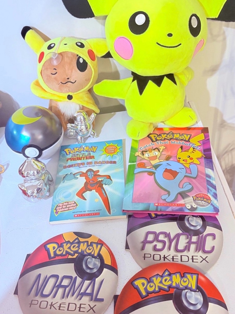 Pokemon Lot Pikachu and Eevee Plush, Books, Pokeball, and More
